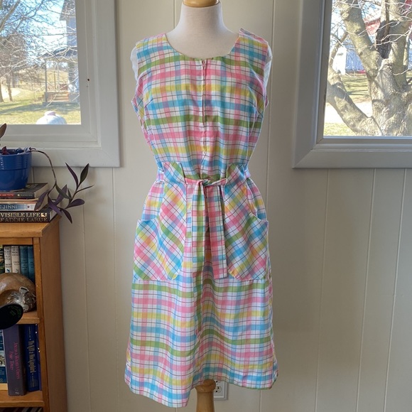 Vintage Dresses & Skirts - Vintage 60s Pastel Rainbow Plaid Zip Front Belted Housedress M/L